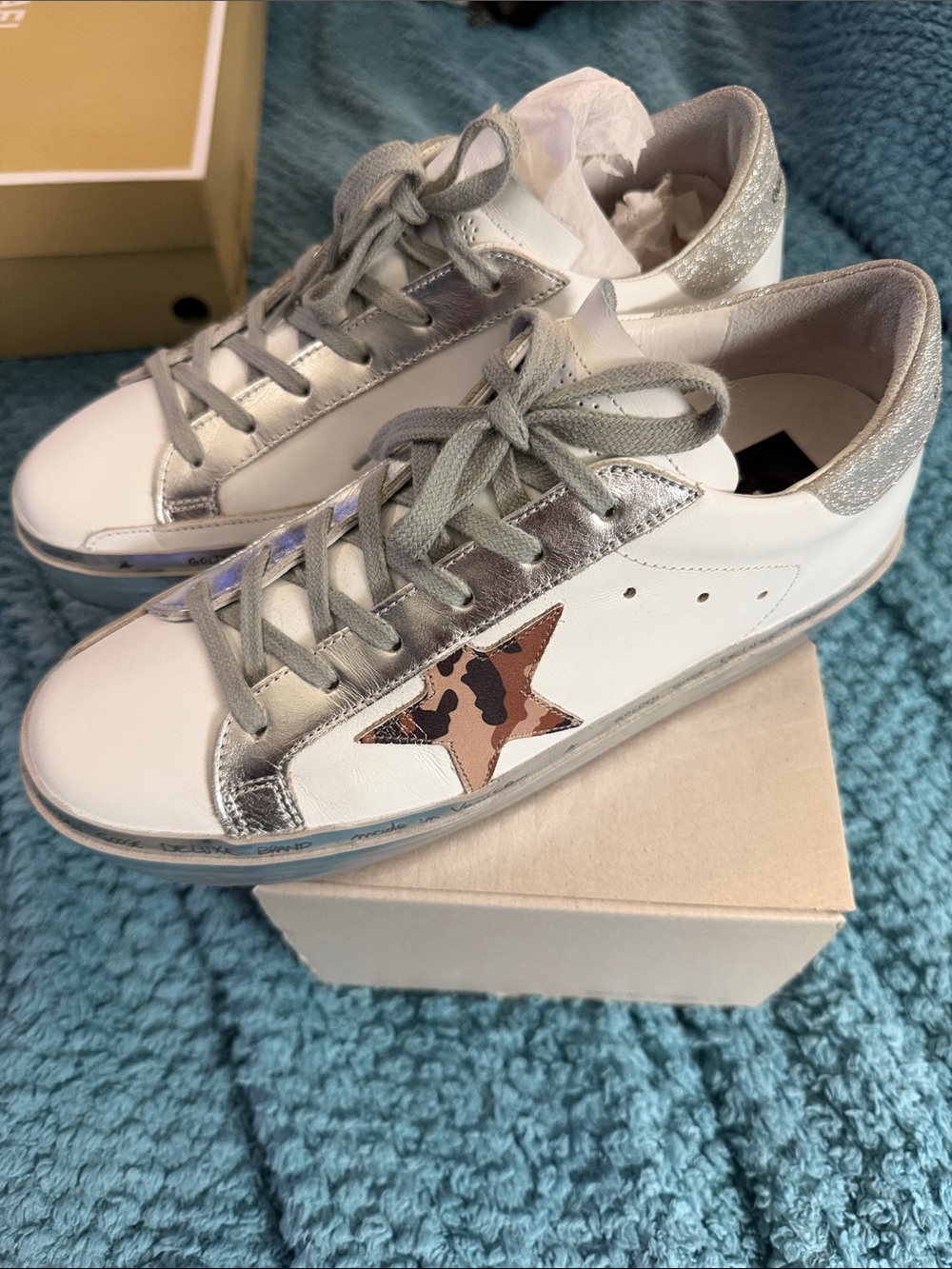 Golden Goose White Sneakers with Silver Accents Heal and Brown Camo Star